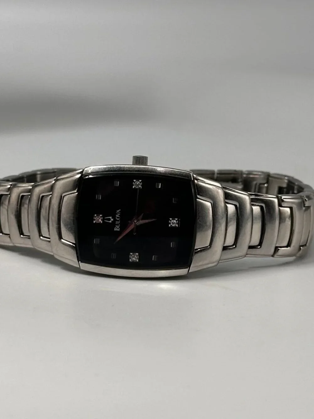 Bulova Watch Women Silver Tone Black Dial 96P15 New Battery 6.75